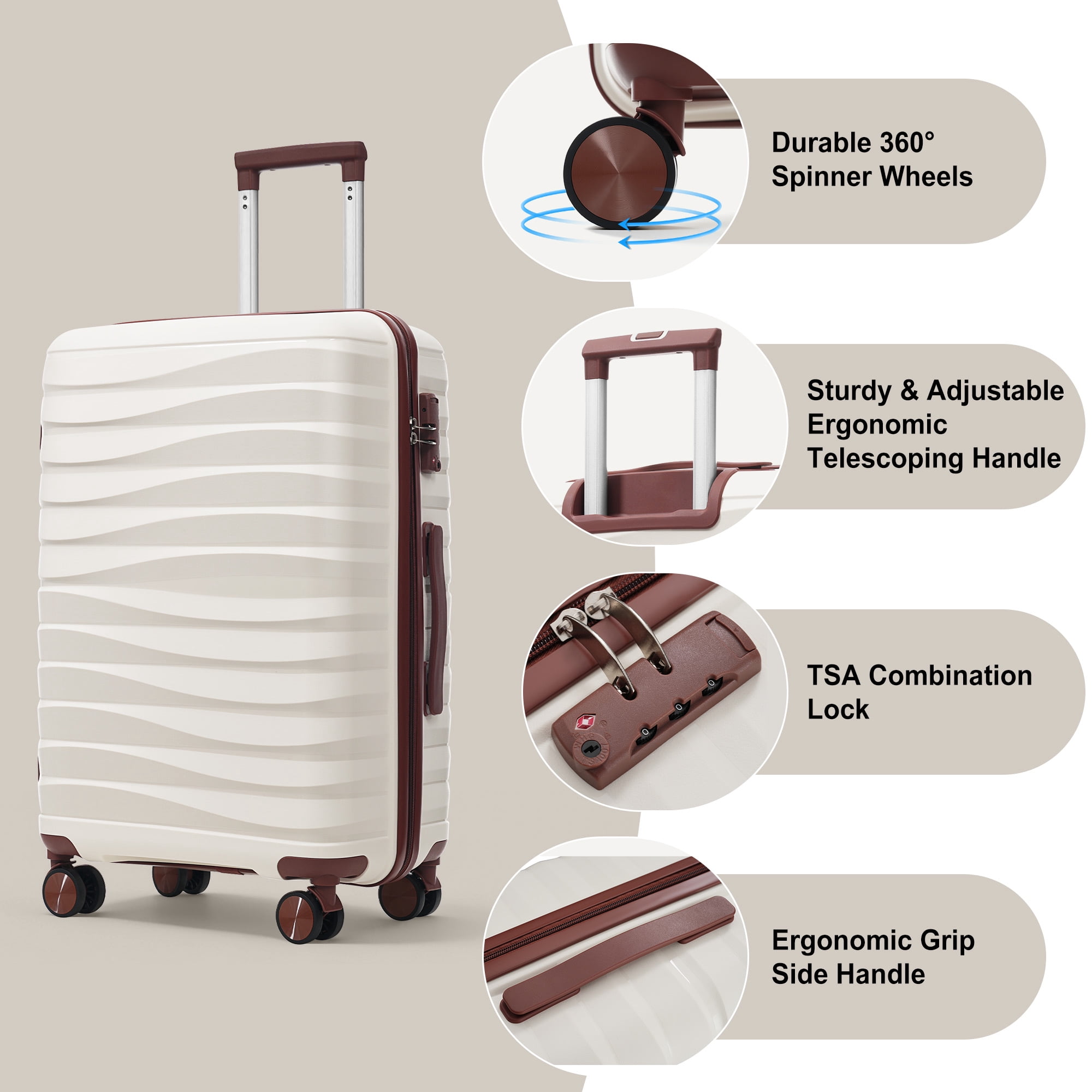 Euroco Luggage Sets 3 Piece,PP Hardside Suitcase Set with TSA Lock & 360° Spinner Wheels,Lightweight Durable Carry on Luggage for Business Travel,Ivory(20"/24"/28")