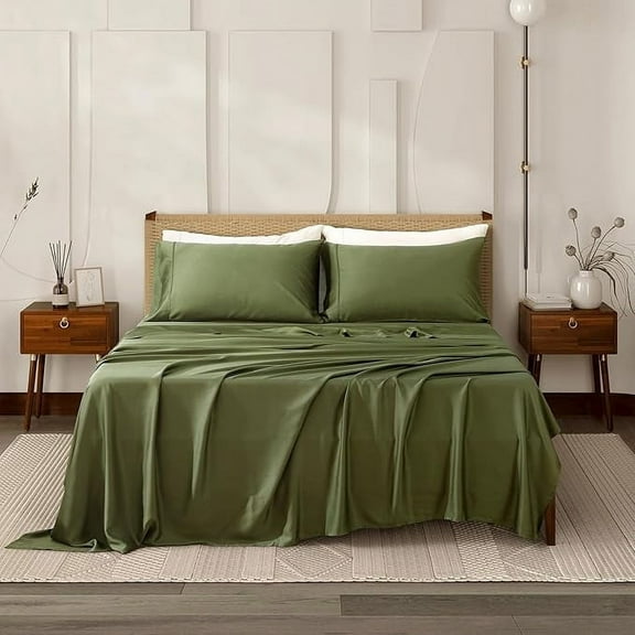 L Linen World 100% Viscose from Bamboo Lyocell Sheets Set Queen Size,Cooling Bed Sheets Set,Deep Pocket Up to 16", 4 Pieces Silky Soft, Breathable Bedding Sheets & Pillowcases(Green,Queen)