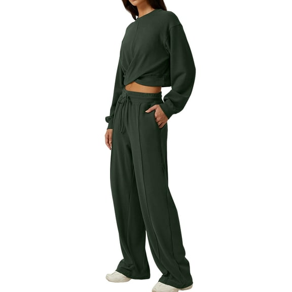 Women 2 Piece Outfits Sweatsuit Set Twist Front Cropped Sweatshirt Wide Leg Sweatpant Lounge Set Olive Green M