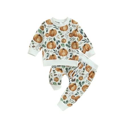 

Toddler Girls Long Sleeve Pumpkin Print Tops Drawstring Pants Sets