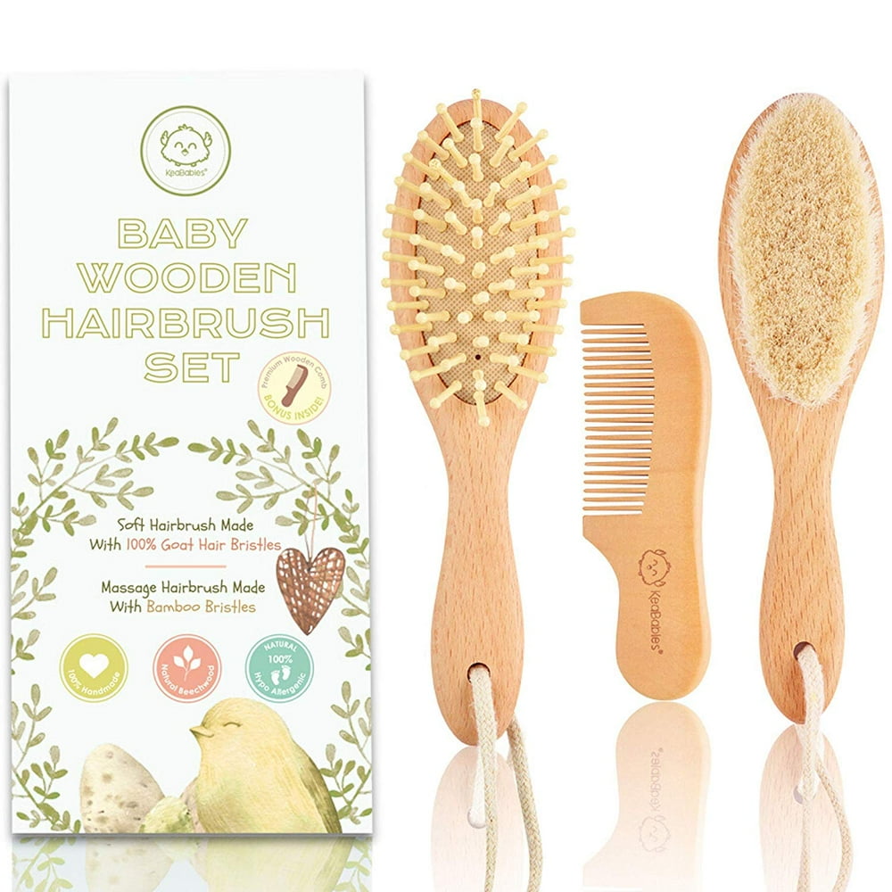 Baby Hair Brush and Comb Set for Newborn Natural Wooden Hairbrush with Soft Goat Bristles for