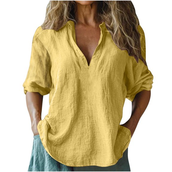 XuJwPNcy Womens Cotton Linen Summer Tops 3/4 Length Sleeve Tunic Boho Shirts Trendy Loose Fit Beach Tee Shirts(Yellow,X-Large)