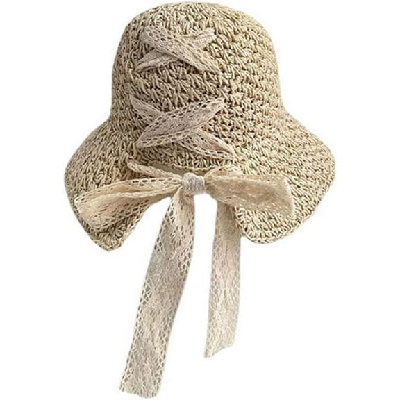 Beige Lady Straw Hat - Foldable Sunshade for Women - Adjustable Lace Straps - Classic Design - Perfect for Summer Occasions