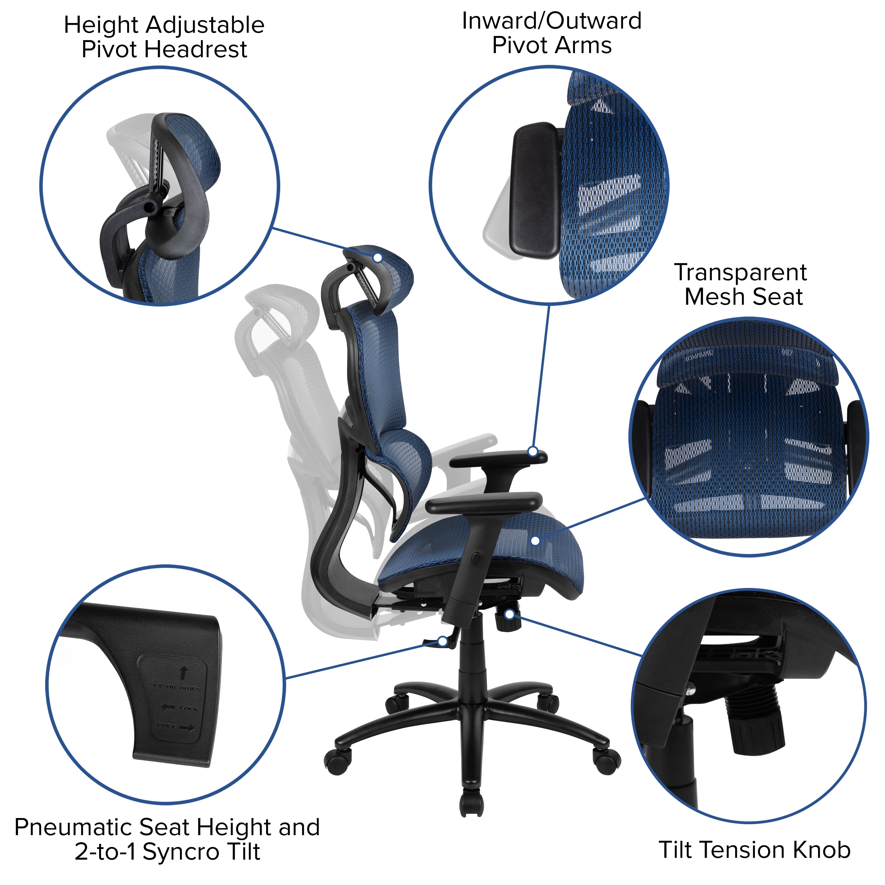 Flash Furniture Ergonomic Mesh Office Chair with 2-to-1 Synchro-Tilt, Adjustable Headrest, Lumbar Support, and Adjustable Pivot Arms in Blue