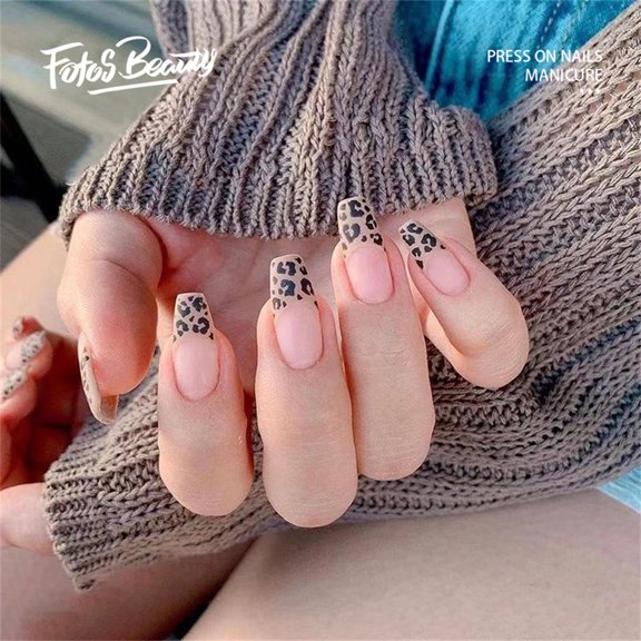 Fofosbeauty 24pcs Press on False Nails Tips,Short coffin Fake Nails, Short Coffin French Leopard Print