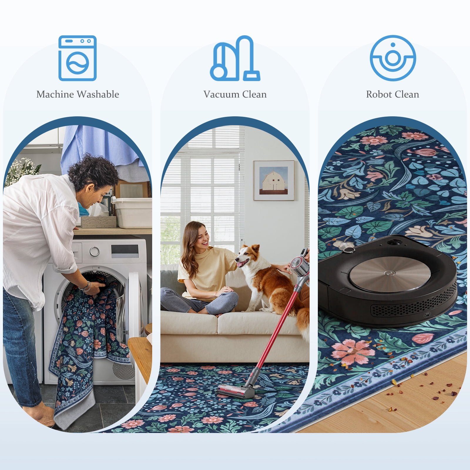 Lahome Washable 8'x10' Area Rug, Blue Floral Rugs for Living Room, Soft Non-Slip Ultra Thin Boho Carpet for Bedroom Dining Room Nursery, Botanical Large Area Rugs, Blue