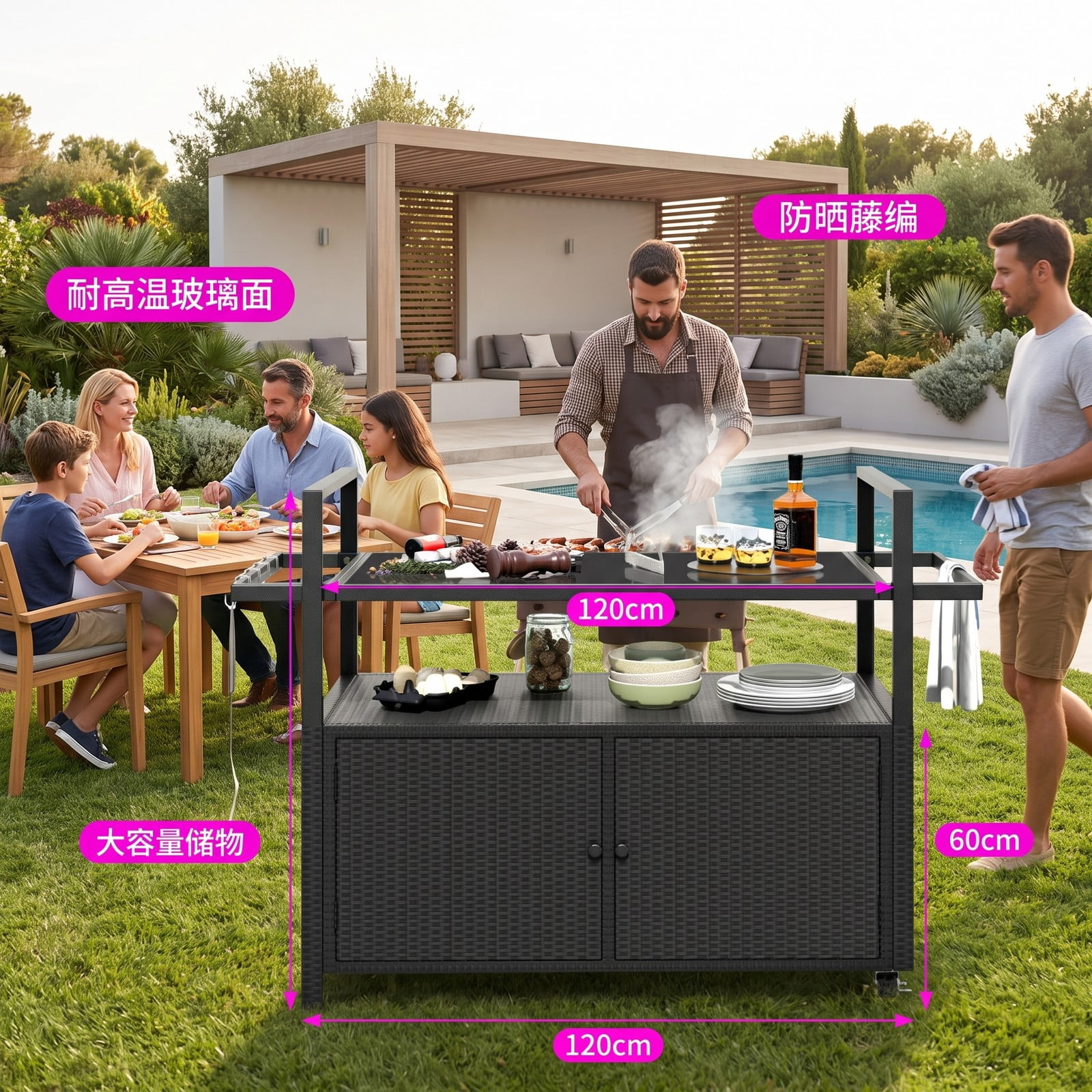Furnibear Outdoor Bar Cart, Wicker Buffet Serving Cart with Tempered Glass Top, 2-Door Cabinet, Open Shelf and 8 Removable Hooks, Rolling PE Rattan Kitchen, Black