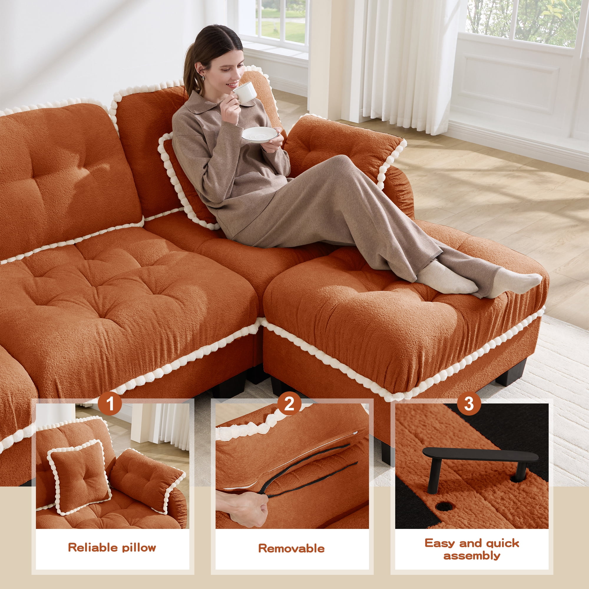 Anpport Modern Aesthetic Orange 2-Seater Sofa, Quilted Tufted Couch with Pom-Pom Trim, Includes 4 Throw Pillows for Small Space, Apartment, Office & Living Room
