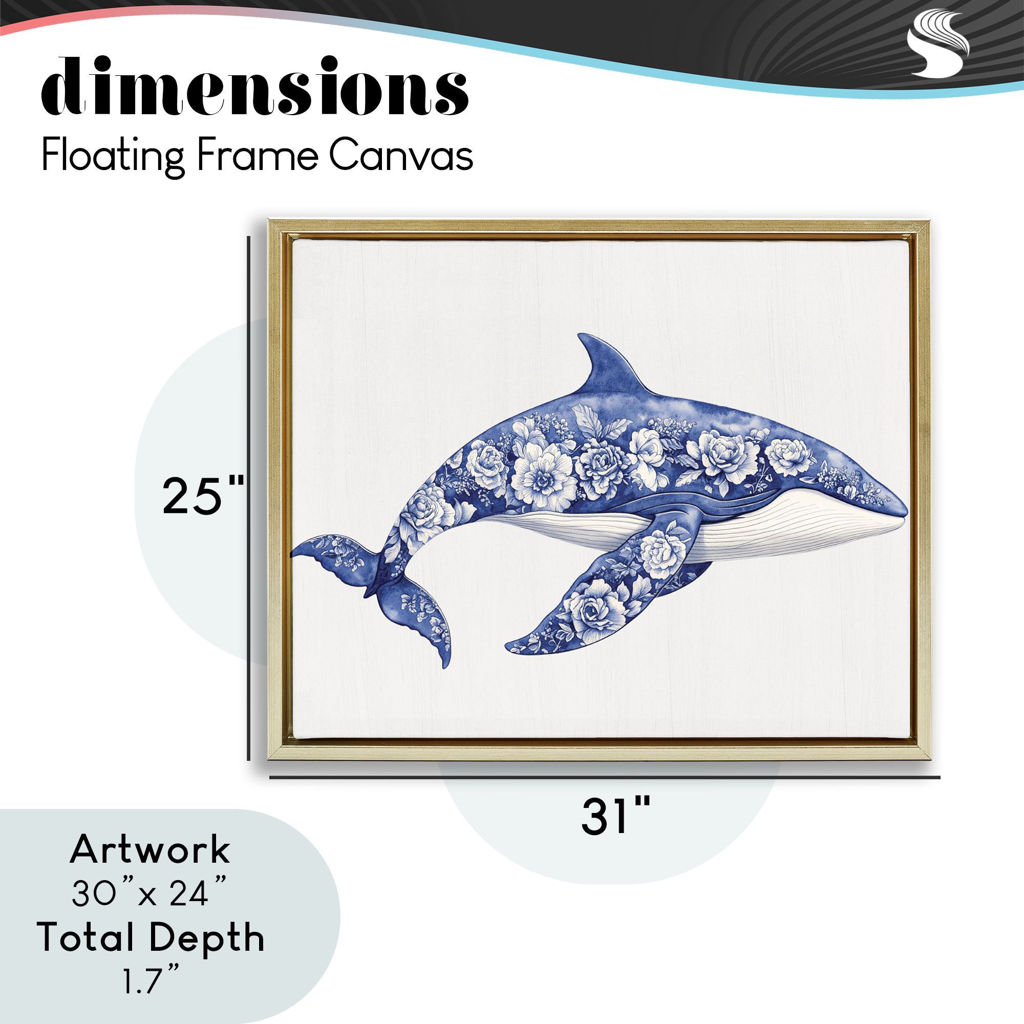 Floral Toile Whale Gold Framed Floater Canvas Wall Art, design by Lettered and Lined