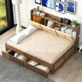 thumbnail image 2 of MODERNLUXE Wood Full Size Captain Bed with Upholstery Storage Headboard, Functional Daybed with Shelves, Drawers and USB Ports, Wood Color, 2 of 10