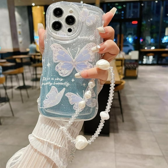( 3D Print Butterfly ) Wavy Ripple Bumper Glitter Case for IPhone 15 14 13 12 Pro Max Crystal Cute Pretty Sparkling Cover Shockproof Women Girls Cases (Blue with bracelet,for iPhone 15)