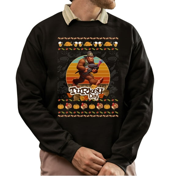 Christmas Sweatshirt, Bigfoot Running with Turkey Funny Thanksgiving Sweatshirt, Unique Sasquatch Holiday Sweatshirt, Witty Autumn Gift for Men & Women
