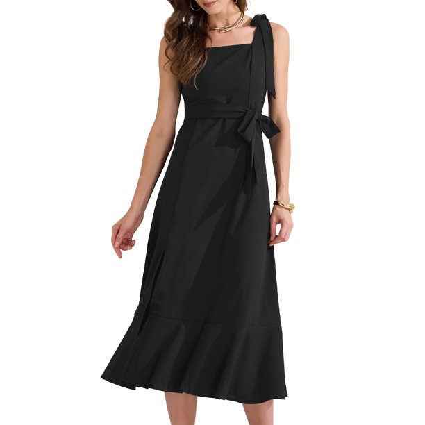 INSPIRE CHIC Vestido Midi Elegante Sin Mangas con Escote Cuadrado y Volantes en el Dobladillo, Con Aberturas Lateral, Color Negro