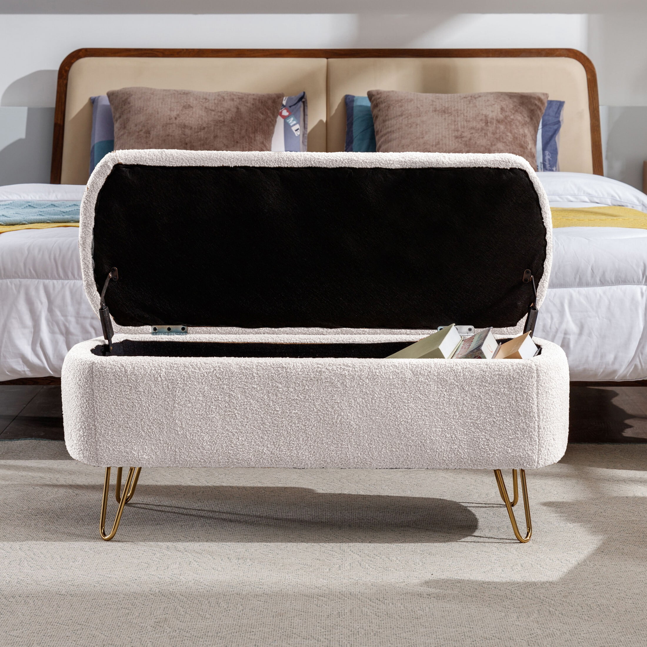 DEALTOPS Stylish Faux Fur Storage Bench, Oval Ottoman with Storage Space and Metal Legs, Ivory