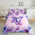 thumbnail image 2 of Manfei Initial Letter V Full Size Comforter Sets,Vintage Floral Butterfly Bedding Comforter Set,Pink Purple Bedding Sets For Kids,Breathable Bedroom Decoration Reversible,3pcs, 2 of 8
