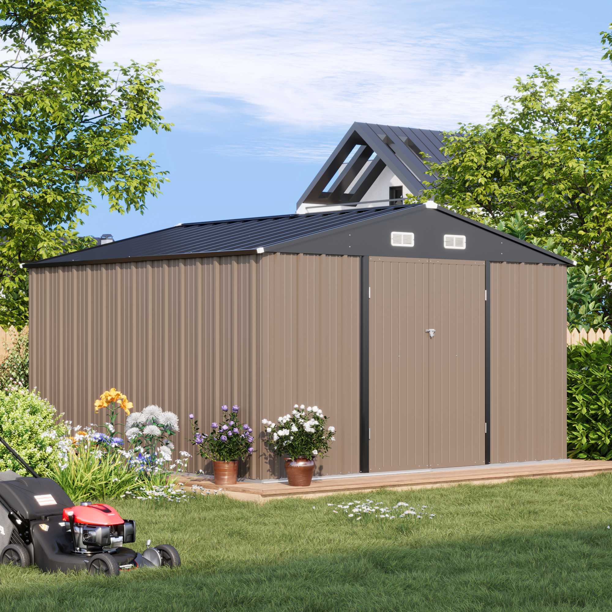 Patiowell Size Upgrade 10 x 10 ft Outdoor Storage Metal Shed with Sloping Roof and Double Lockable Door, Brown - image 2 of 7