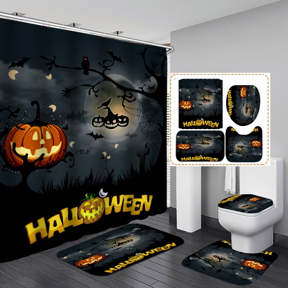 4 Pcs Halloween Shower Curtain Set with Rugs, Bath Mat and Toilet Lid
