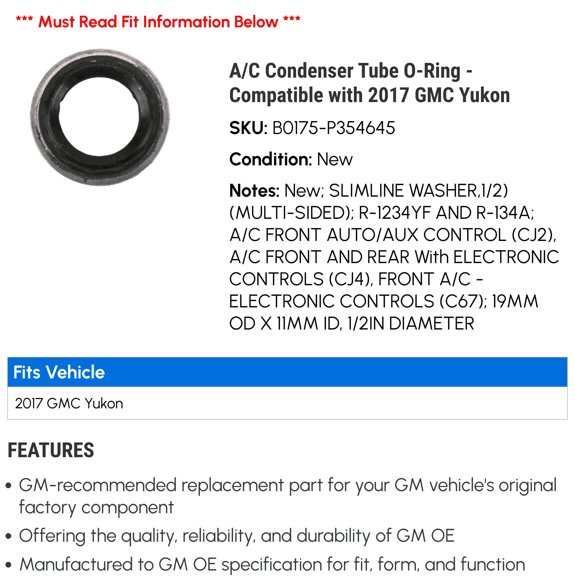 A/C Condenser Tube O-Ring - Compatible with 2017 GMC Yukon