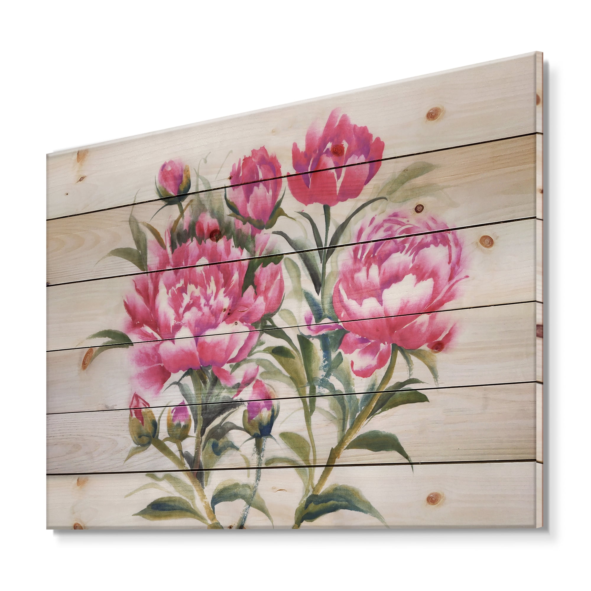 Designart 'Purple Peonies Flowers' Traditional Print on Natural Pine Wood