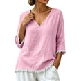 thumbnail image 2 of Qzwdhjm Linen 3/4 Sleeve Tops for Women V Neck Loose Fit Shirts with Frayed Hem Summer Fall Casual Blouses for Dailywear, 2 of 8