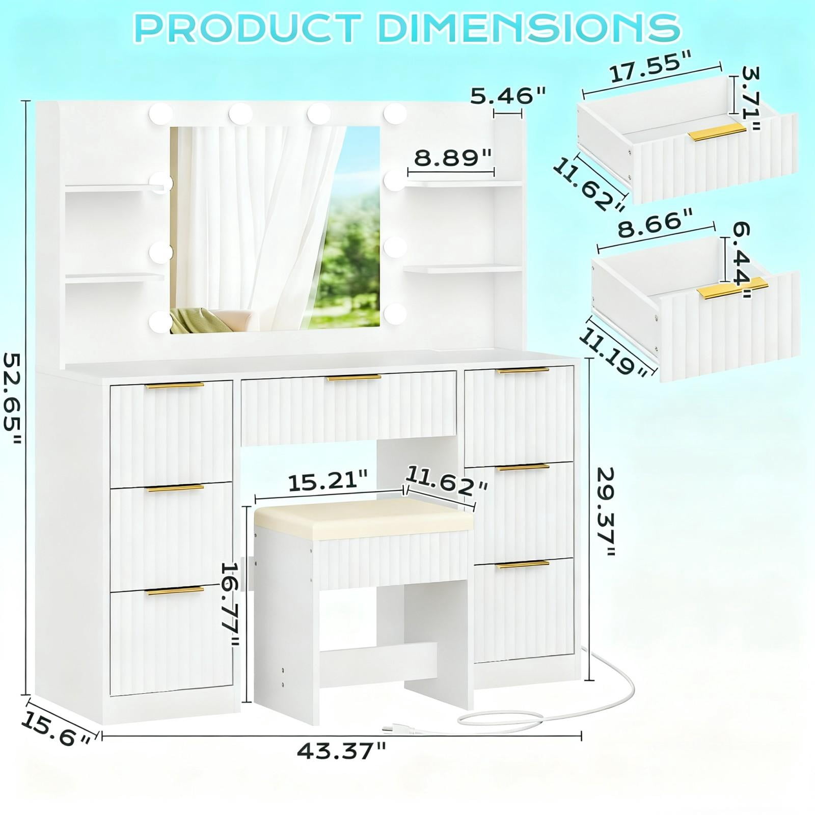 Zimtown Lighted Makeup Vanity Desk with Mirror and Charging Station, Vanity Table with 7 Drawers & 4 Storage Shelves for Dressing Room Bedroom, White