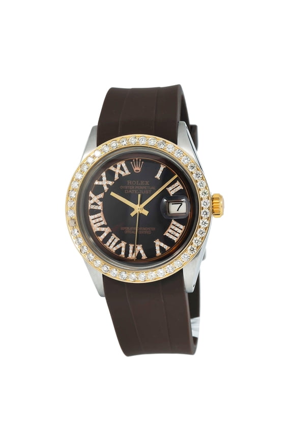 Pre-Owned Rolex Datejust 36MM 1601 Chocolate Roman Diamond Dial Diamond Bezel Brown Rubber Strap