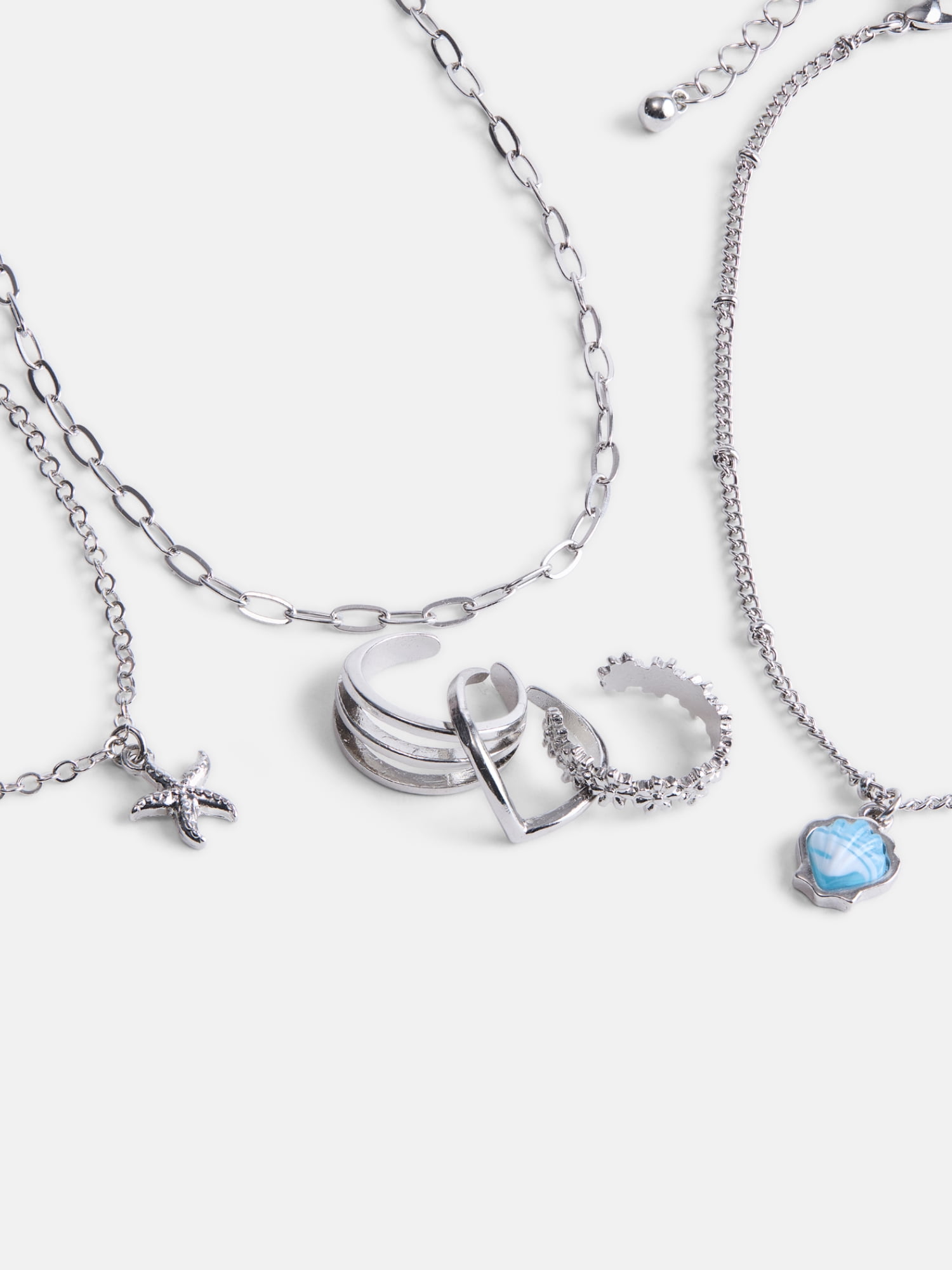 No Boundaries Silver Tone Shell and Starfish Anklets and Toe Rings Set, 6 Piece