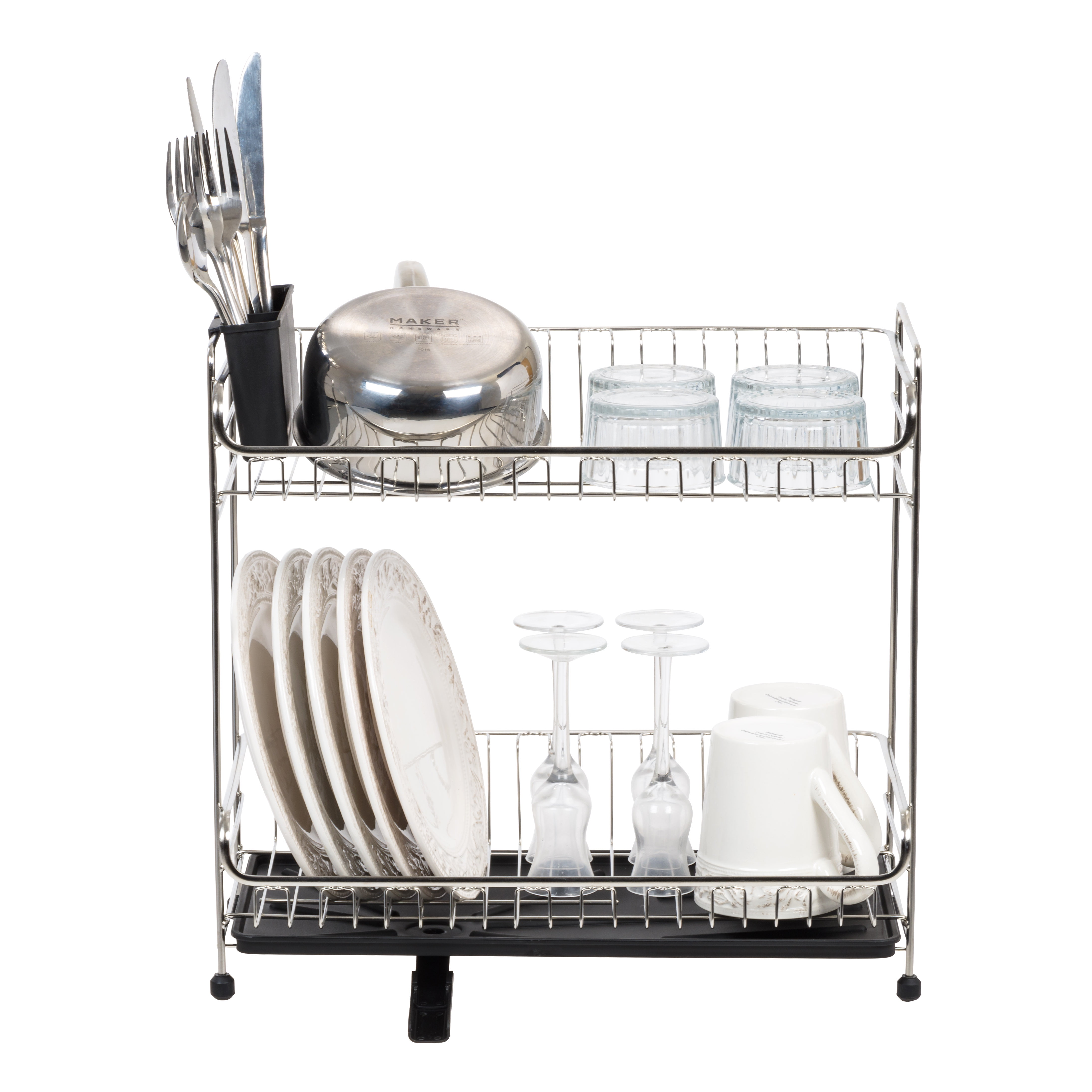 IRIS 2 Tier Slim-size Dish Rack with Drain Spout, Black