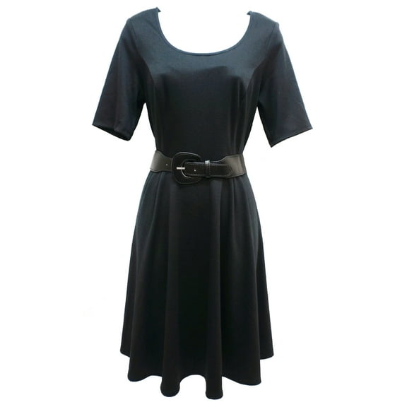 AGB Black Short Sleeve Ponte Knit Belted A-Line Dress, Women's 6