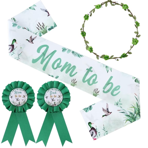 Mallard Duck Baby Shower Decorations Boy, Duck Hunting Mom to Be Maternity Sash Mom Dad to Be Button Tinplate Badge Pin Flower Crown Headband for Mallard Duck Gender Reveal Party