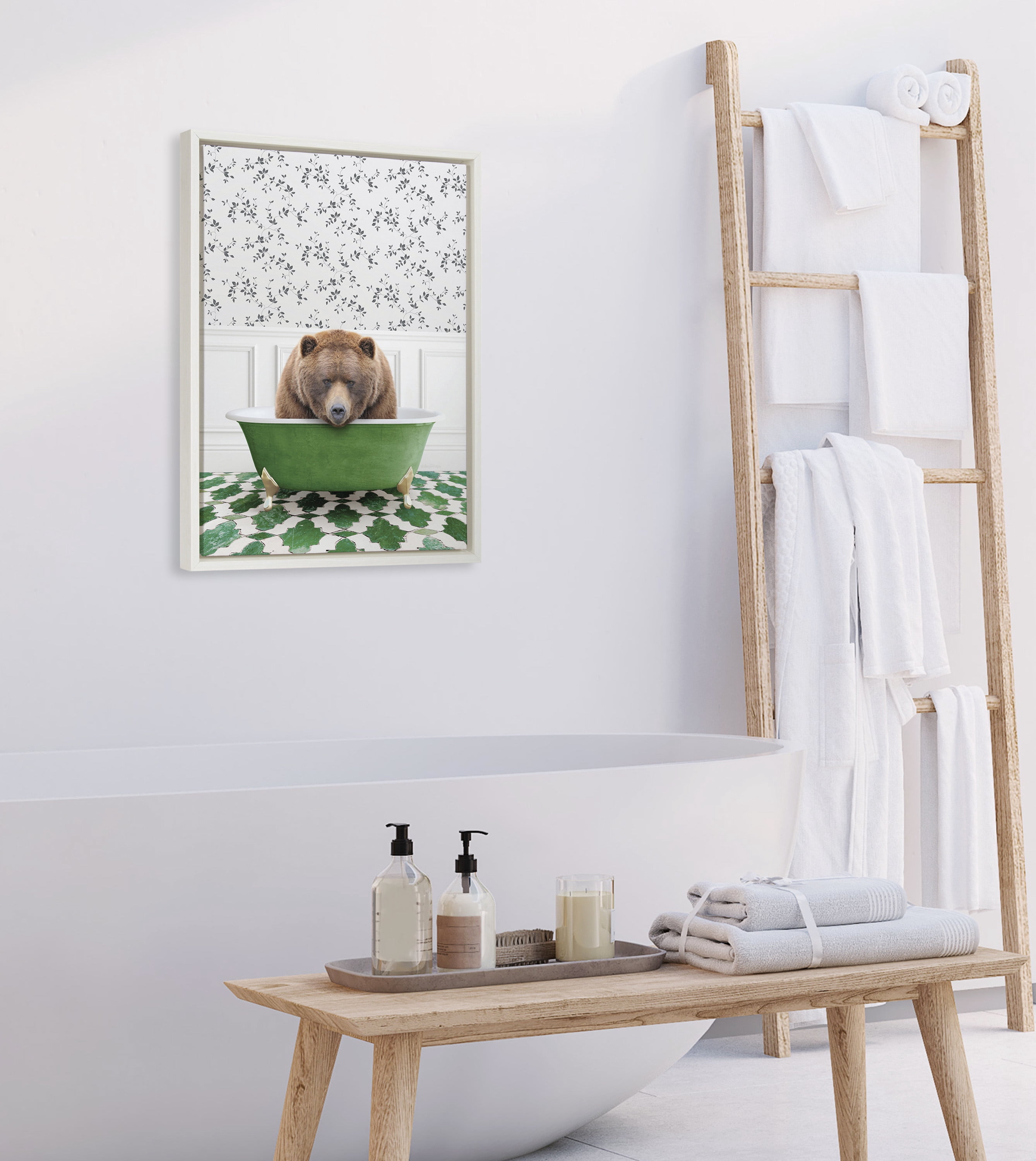 Kate and Laurel Sylvie Big Bear In Eclectic Green Bath Framed Canvas Wall Art by Amy Peterson Art Studio, 18x24 White,  Fun Animal Art Bathroom Décor