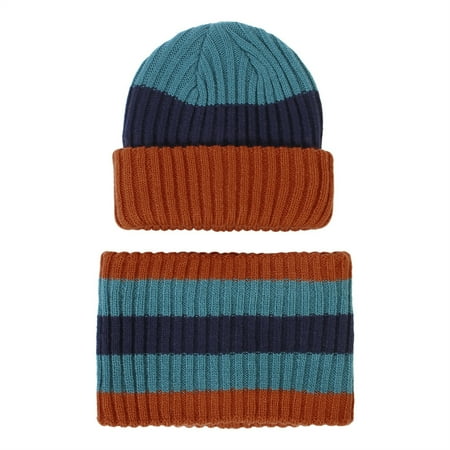 

Toddler Kids Boys Girls Beaniess Hat Scarf Set Winter Warm Cute Striped Knit Cap Fleece Neck Warmer