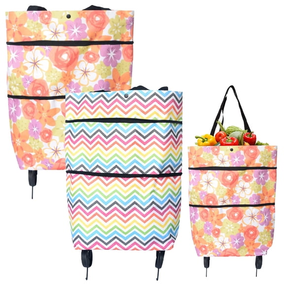 SeekLGT Foldable Shopping Bag with Wheels 2 in 1 Rolling Grocery Cart Expandable Utility Tote Bag Reusable Collapsible Trolley Bag Cart for Supermarket Travel Laundry, 1 pc