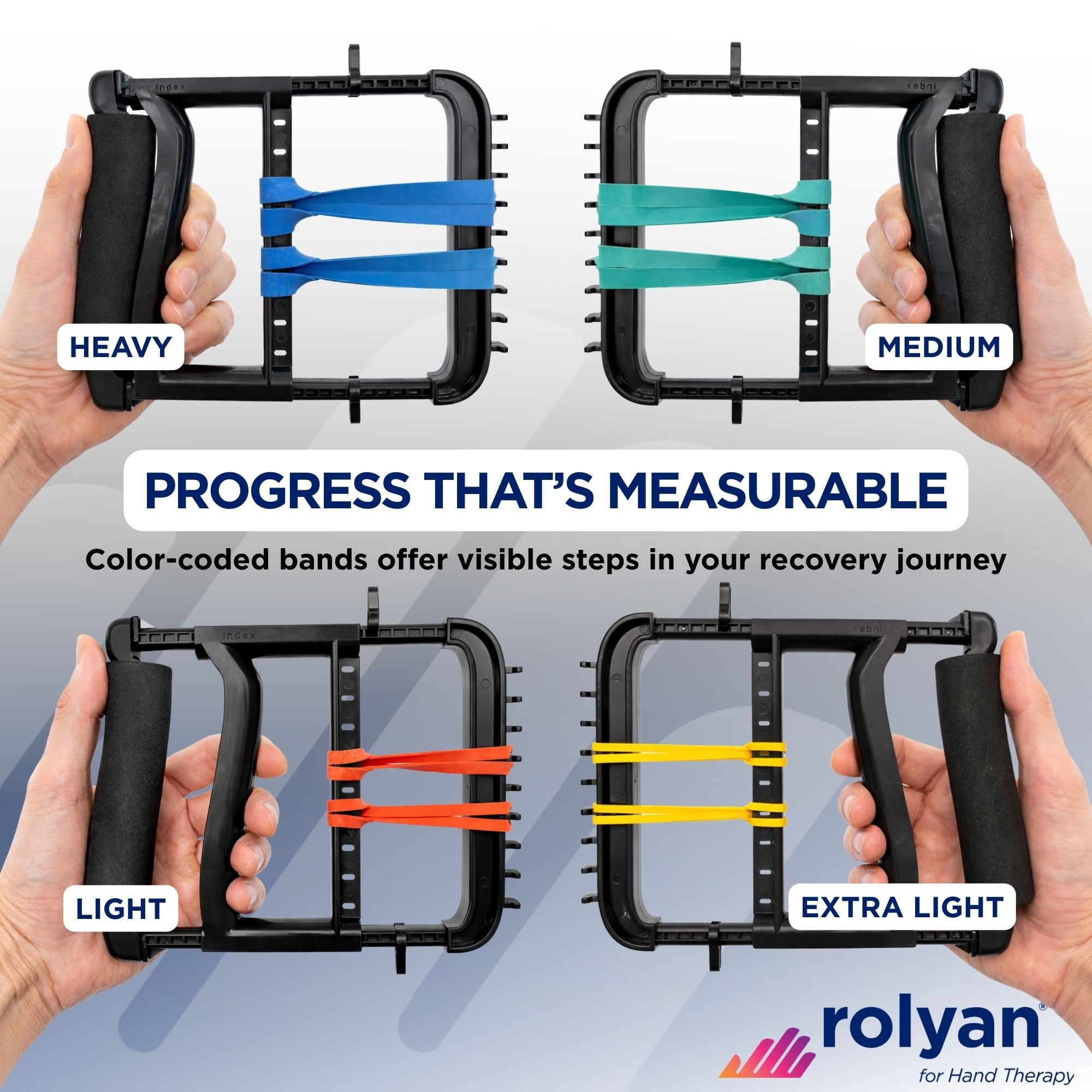 Rolyan Ergonomic Hand Exerciser with Padded Handle, Adjustable Grip Strength Trainer with 4 Color‑Coded Rubber Bands, Finger & Hand Exerciser for Therapy, Rehab, Strength Training, Black