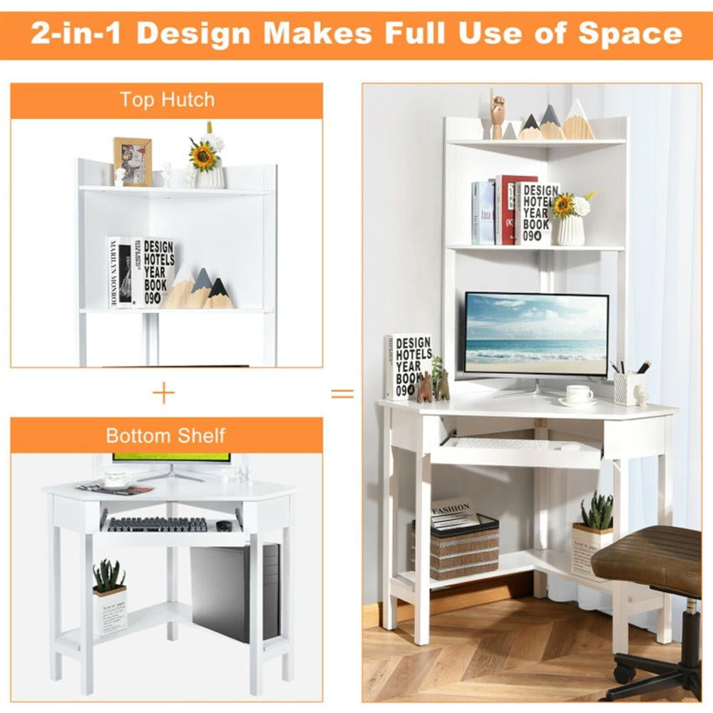 Demi Bonn Corner Computer Desk with Hutch and Storage Shelves, Small Home Office Desk Study Writing Table, White