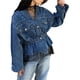 thumbnail image 2 of Chaqueta Vaquera de Motociclista con Cuello en V y Botones para Mujer, con Cuentas y Cintura Ceñida, Ropa de Calle de Otoño A . Azul Oscuro XXL, 2 of 10