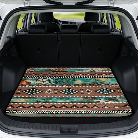 COEQINE Universal Car Trunk Mat All Weather Cargo Liner Floor Mat with Non-Slip Backing Scratch-proof Pet Cargo Mat Suitable for Most Car Models, Aztec Leopard Print Teal Brown