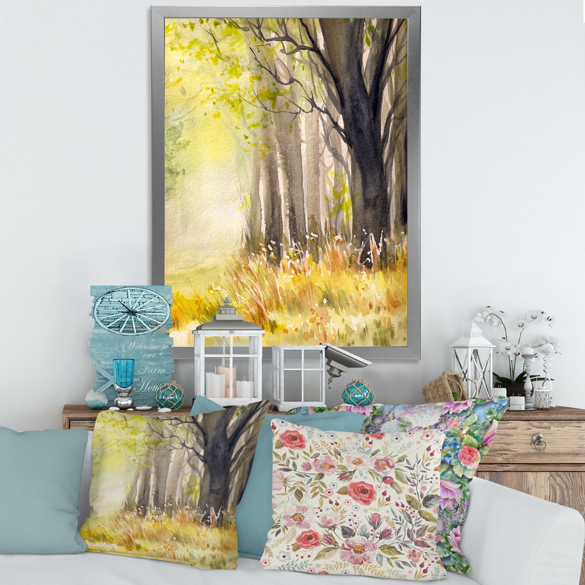 Designart 'Bright Sunshine Through The Yellow Forest Trees II' Traditional Framed Art Print