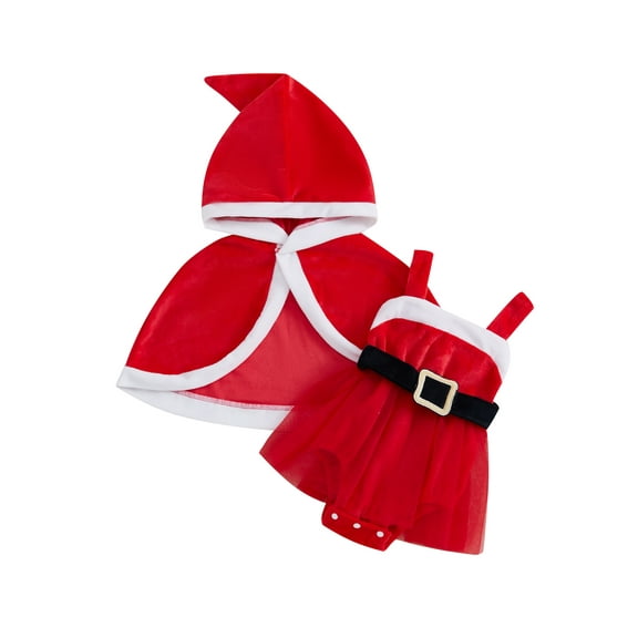 aturustex Toddler Baby Girls Christmas Party Costume 0 3M 6M 9M 12M 18M Infant Santa Belt Sleeveless A-Line Guaze Romper Dress Hooded Cloak Little Girshion Cute Casual Party Clothes for Baby