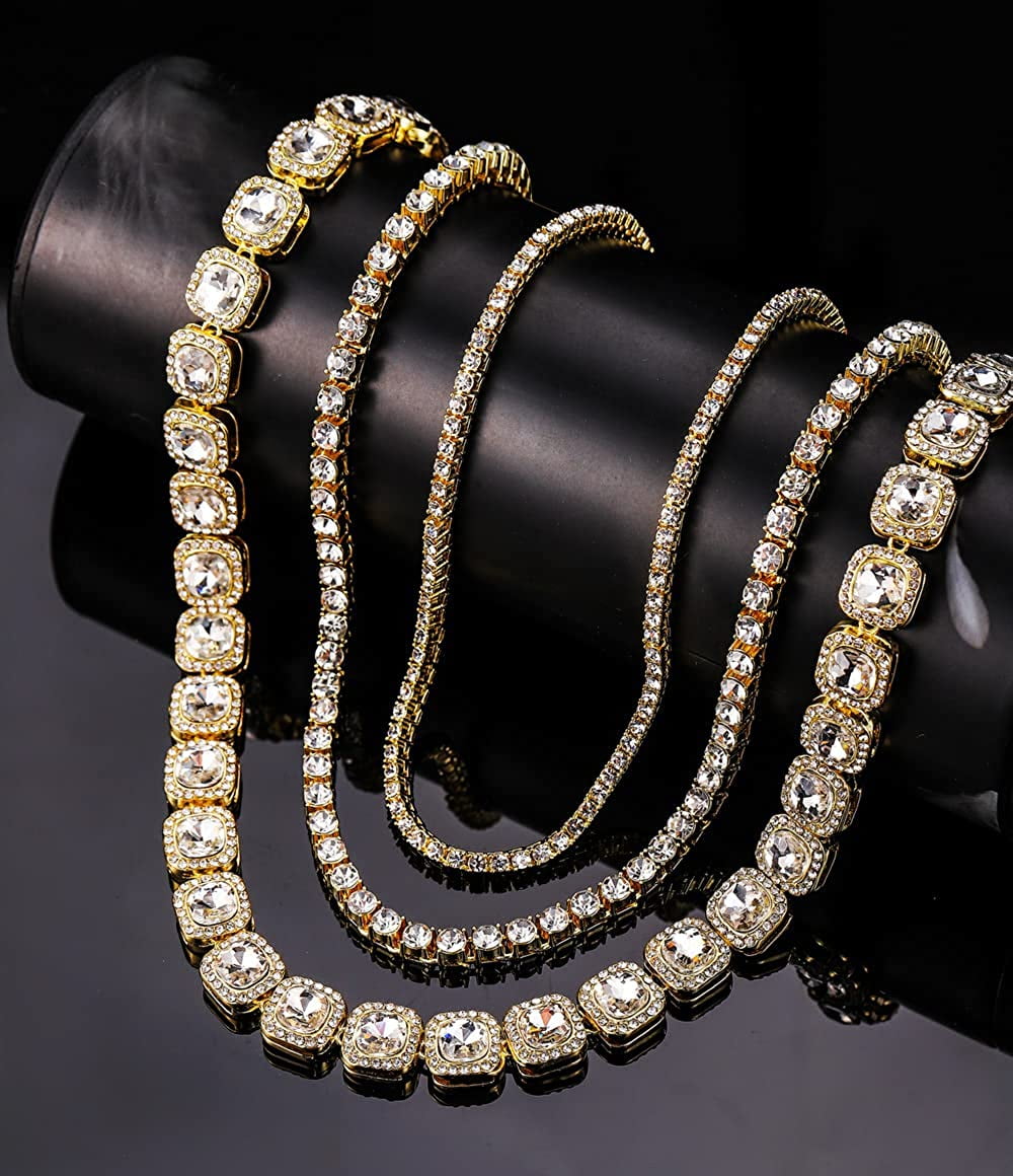 HH Bling Empire Silver Gold Iced Out Diamond Tennis Chain for Men, Rhinestone Diamond Tennis Necklaces for Women, Tennis and Cuban Link Chains 18-30
