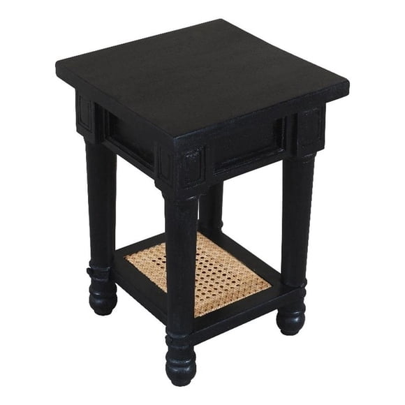 Pemberly Row Woven Cane Mango Wood End Table with 1 Shelf in Black