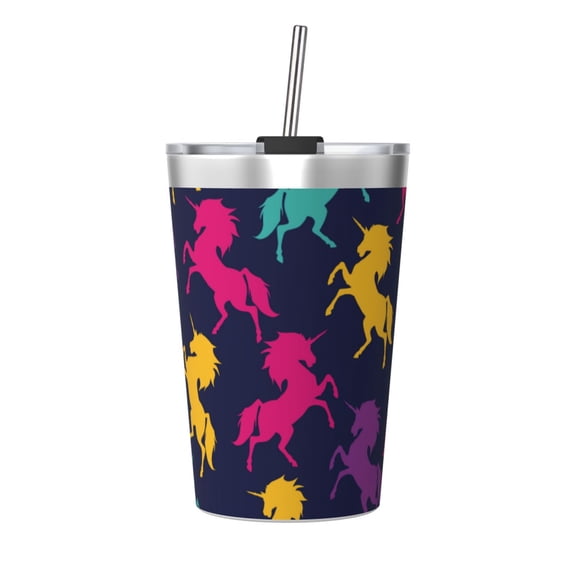PAYOHTO Colorful Unicorns Blue Insulated Stainless Steel Tumbler 12 oz Thermos Come with Straw Kids Leak-Proof Travel Mug Cup
