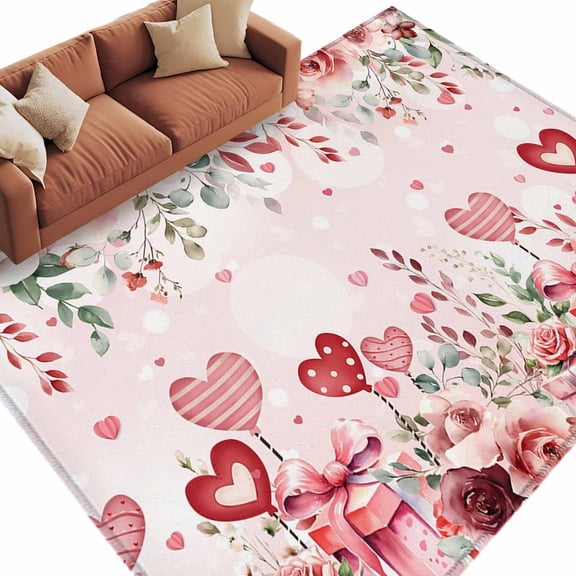 5x7 Area Rugs for Living Room, Pink Valentine's Day Non Slip Area Rugs for Kitchen Bedroom Entryway, Spring Floral Romance Love Heart Roses Washable Carpet Runner Rug Floor Mats for Bedroom