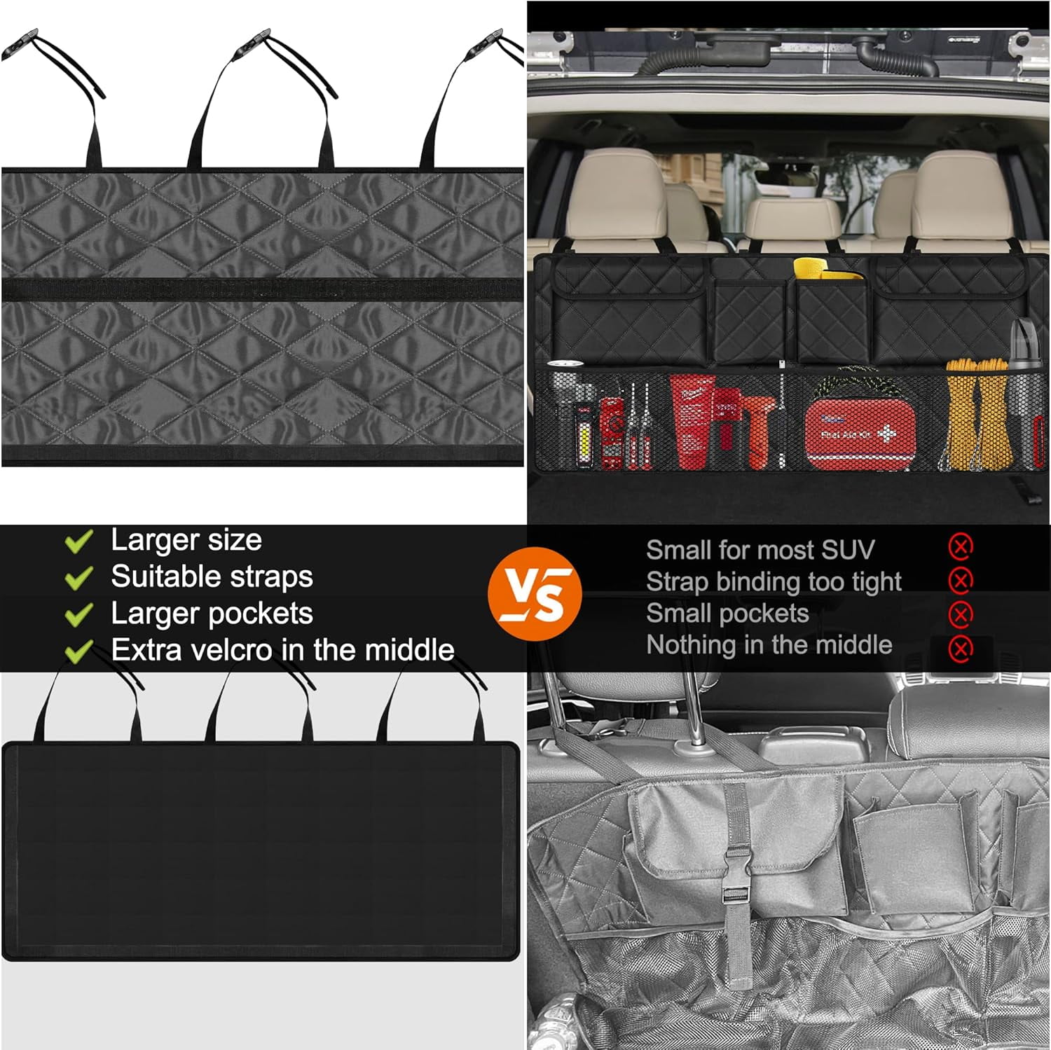 Car Trunk Organizer, Large Capacity Backseat Trunk Organizer (42"*18"), Collapsible Car Storage Bag with 8 Pockets, SUV/MPV/Truck - Black