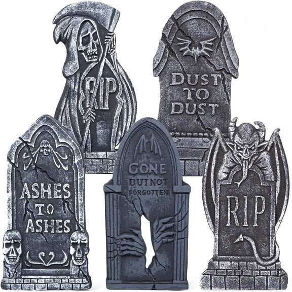 Coolmade 17 Inch Halloween Tombstones, 5 Pack Foam Yard Decor with Stakes, Gray Outdoor Graveyard Headstones