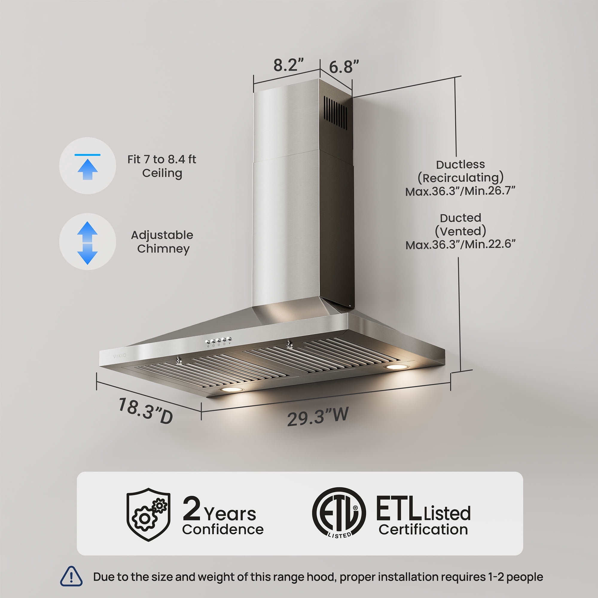 VIKIO 30 inch Wall Mount Range Hood - 500 CFM Convertible Stainless Steel, 3-Speed with Push Control, LED, Carbon Filters