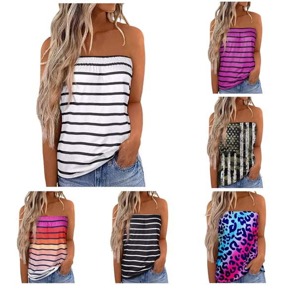 xfsWaSs Women's Tube Tops Striped Print Strapless Bandeau Tank Top Casual Sleeveless Summer Vacation Loose Shirt Womens Tank Tops