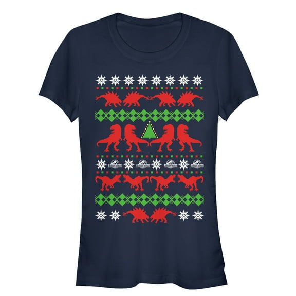 Junior's Jurassic World Ugly Christmas T.Rex Graphic Tee Navy Blue Medium