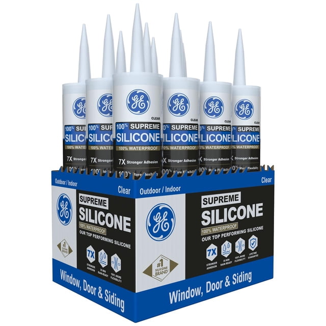 Sellador de silicona GE Supreme para ventanas y puertas, 300 ml, transparente, 12 unidades