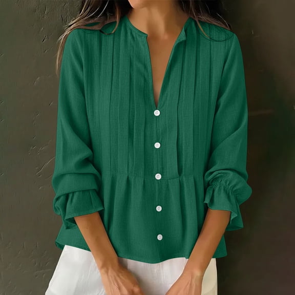 Xdegoge Linen Peplum Blouses for Women Split V Neck Three Quarter Ruffle Sleeve Dressy Work office Vibe Flowy Loose Fit Solid Pintuck Button Down Lightweight Spring Tops